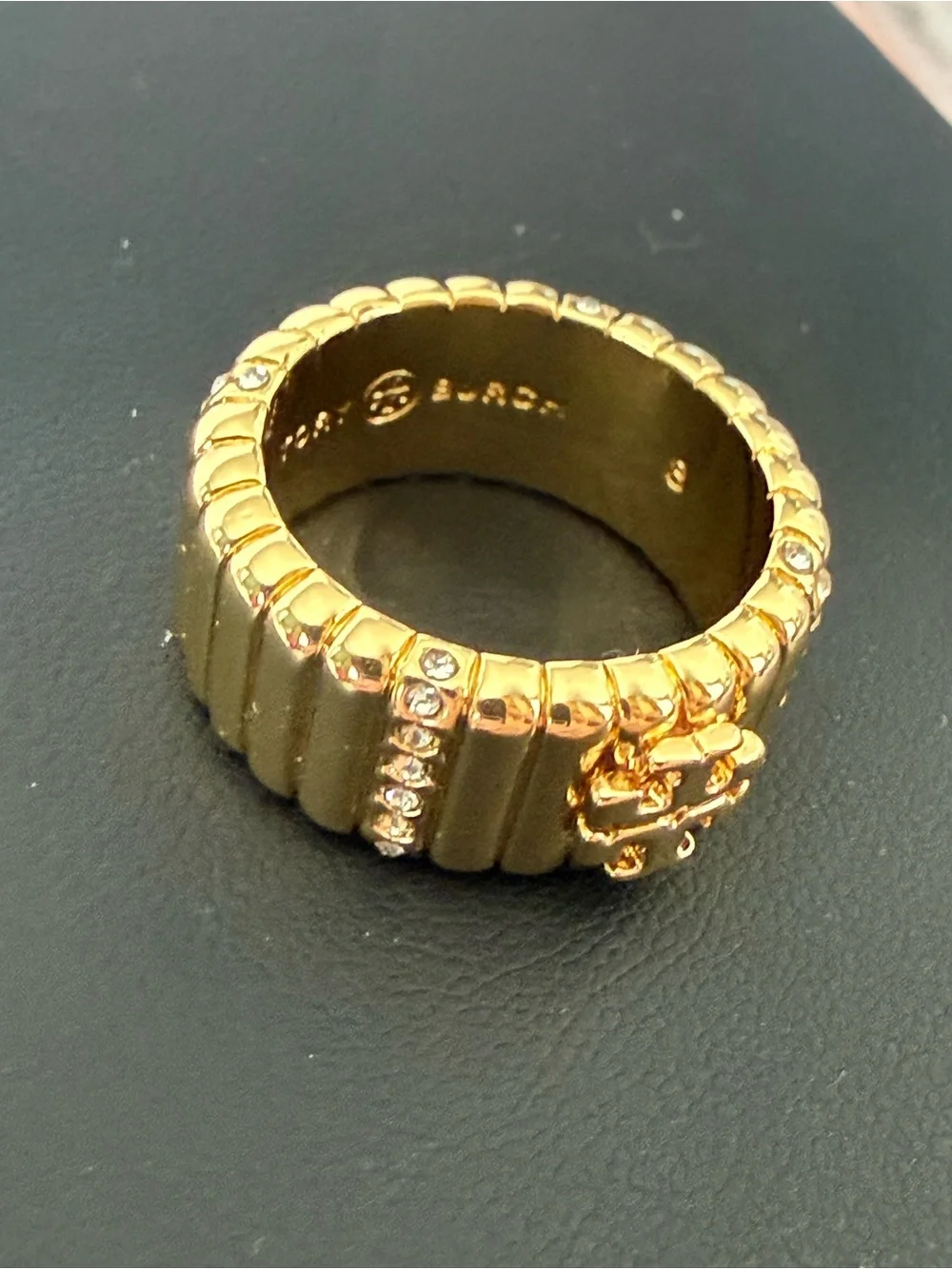 Tory Burch | Gold Logo Ribbed Crystal Accent Ring | Size 8